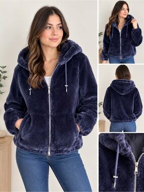 GUESS Navy blue Bomber Faux Fur Jacket
